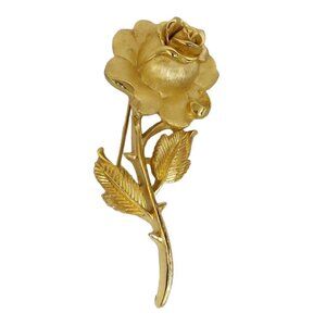 Crown Trifari Gold Tone Rose Brooch Pin Floral Design Rollover Clasp Vintage